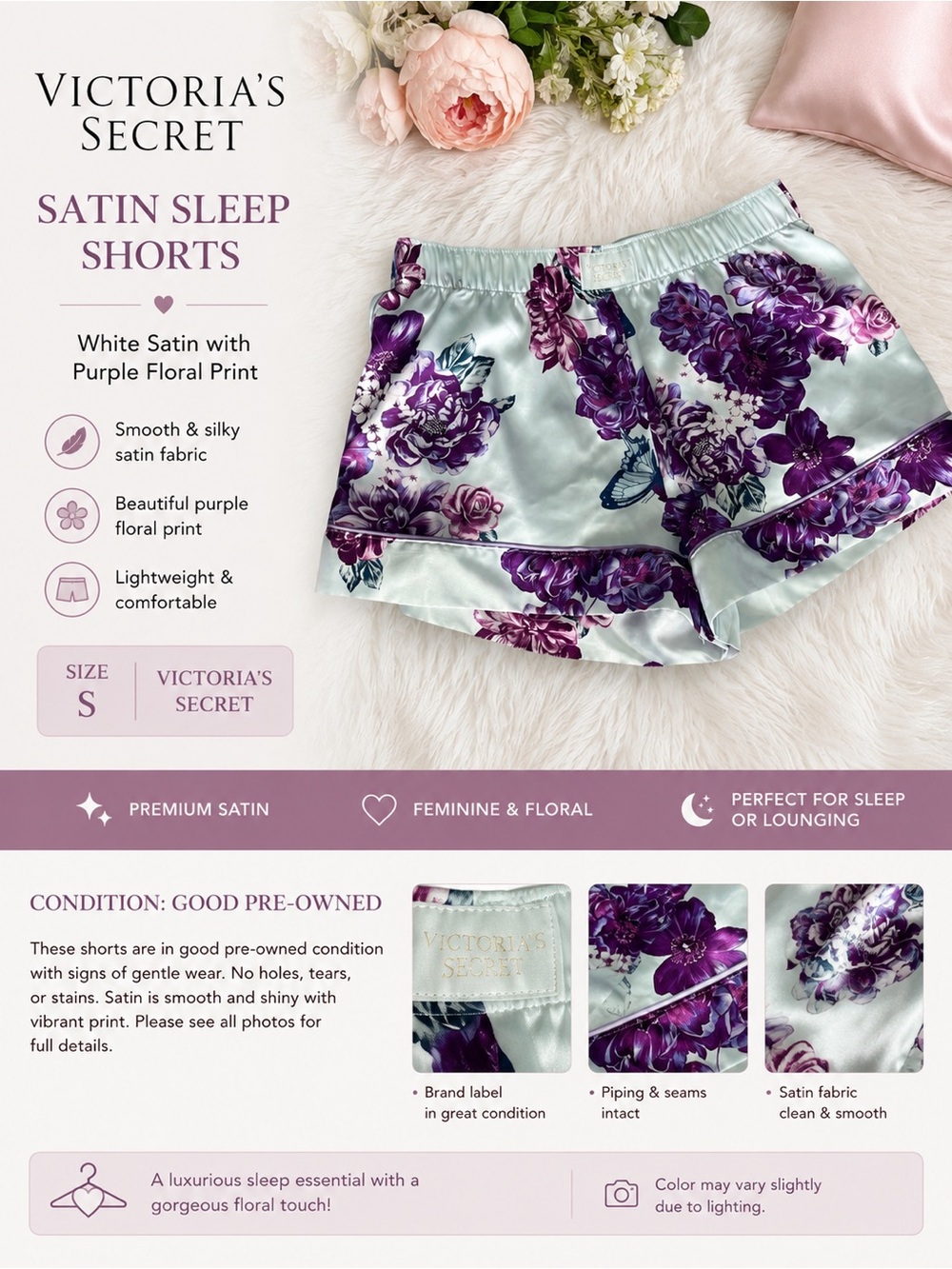 Victoria’s Secret Satin Floral Women’s White Purple Butterfly Pajama Lounge Sm